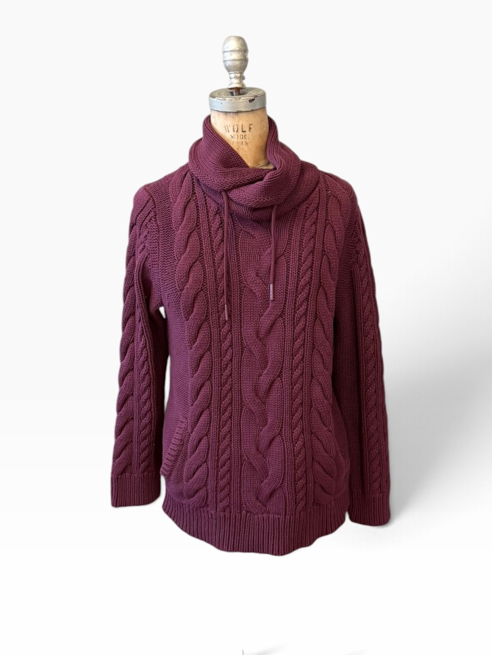 L.L. Bean Signature Cotton Funnel-neck Drawstring Cable Knit Sweater Burgundy M